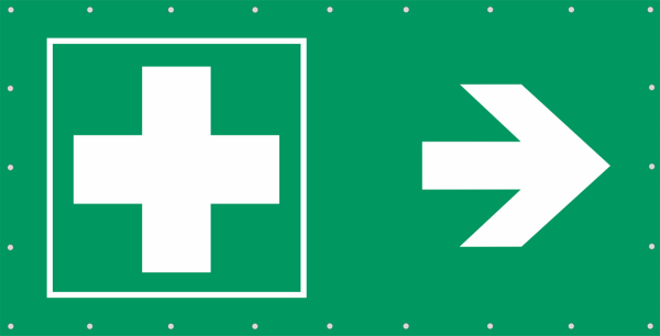 Bauzaunbanner Grün mit weißem Symbol Erste Hilfe Station und Pfeil Rechts